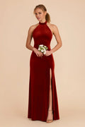 Elegant Burnt Orange Velvet Halter Neck Maxi Bridesmaid Dress with High Side Slit & Open Back