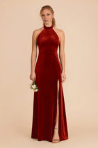 Elegant Burnt Orange Velvet Halter Neck Maxi Bridesmaid Dress with High Side Slit & Open Back
