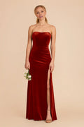 Elegant Burnt Orange Velvet Strapless Maxi Bridesmaid Dress with High Side Slit & Sleek Silhouette