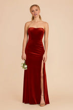 Elegant Burnt Orange Velvet Strapless Maxi Bridesmaid Dress with High Side Slit & Sleek Silhouette