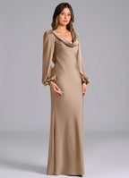 Elegant Champagne Satin Bridesmaid Dresses with Cowl Neck, Puff Sleeves, Open Back and Flowing Maxi Silhouette Formal Gown