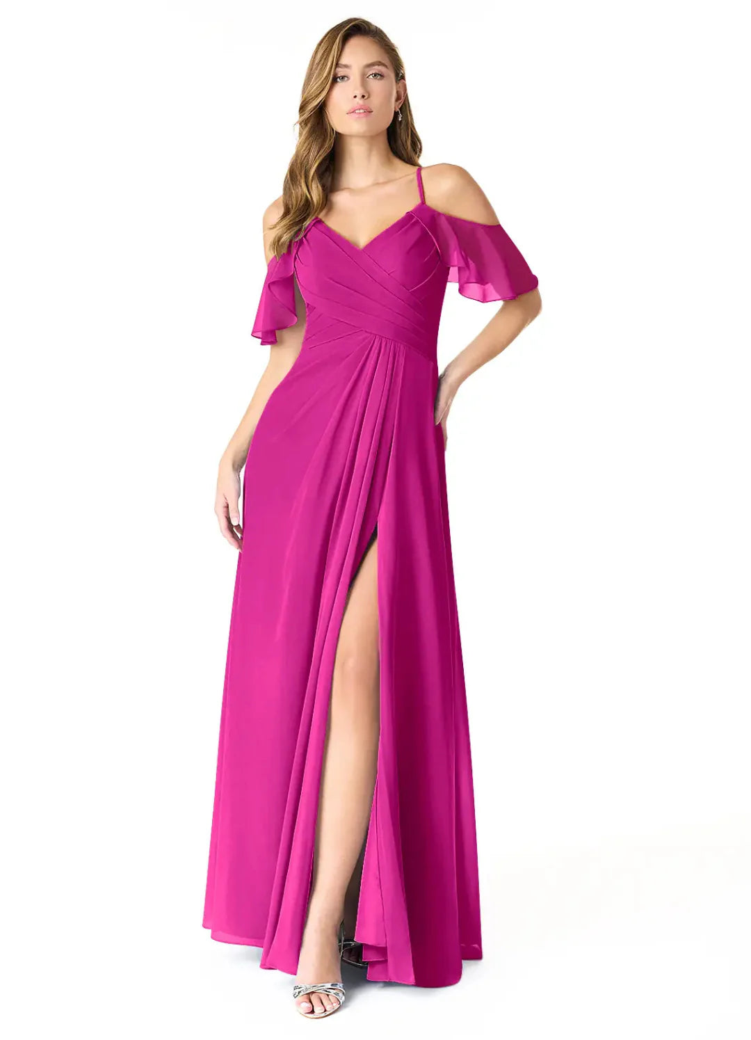Elegant Chiffon A-Line Cold Shoulder V Neck Flutter Sleeves Keyhole Back Floor Length Bridesmaid Dress with Slit