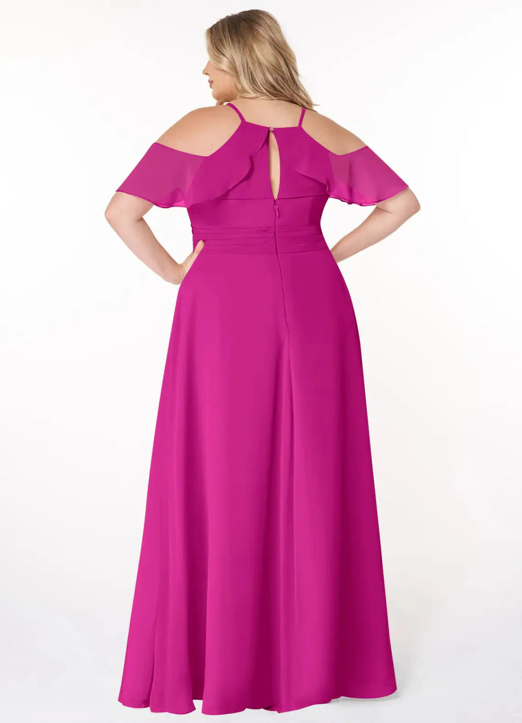 Elegant Chiffon A-Line Cold Shoulder V Neck Flutter Sleeves Keyhole Back Floor Length Bridesmaid Dress with Slit