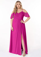 Elegant Chiffon A-Line Cold Shoulder V Neck Flutter Sleeves Keyhole Back Floor Length Bridesmaid Dress with Slit