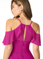 Elegant Chiffon A-Line Cold Shoulder V Neck Flutter Sleeves Keyhole Back Floor Length Bridesmaid Dress with Slit