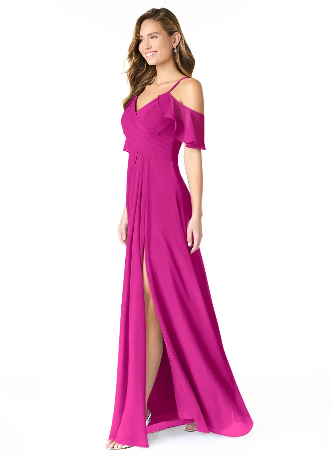 Elegant Chiffon A-Line Cold Shoulder V Neck Flutter Sleeves Keyhole Back Floor Length Bridesmaid Dress with Slit