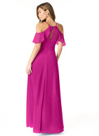 Elegant Chiffon A-Line Cold Shoulder V Neck Flutter Sleeves Keyhole Back Floor Length Bridesmaid Dress with Slit