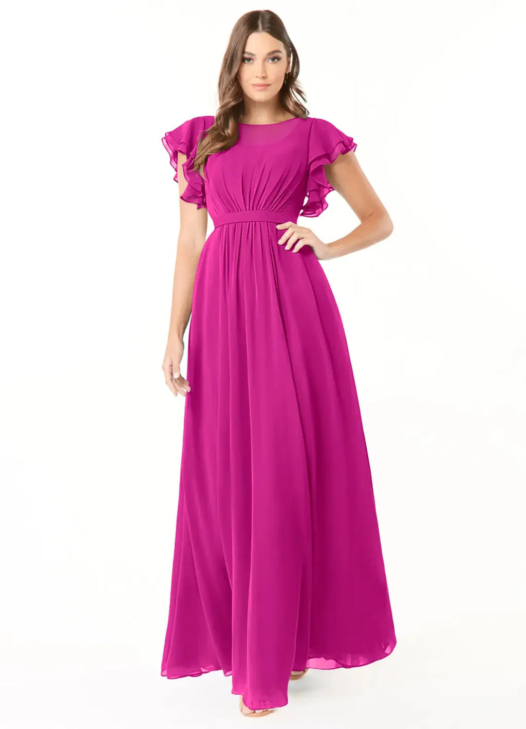 Elegant Chiffon A-Line Round Neck Flutter Sleeves Floor Length Bridesmaid Dress with Pockets