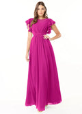 Elegant Chiffon A-Line Round Neck Flutter Sleeves Floor Length Bridesmaid Dress with Pockets