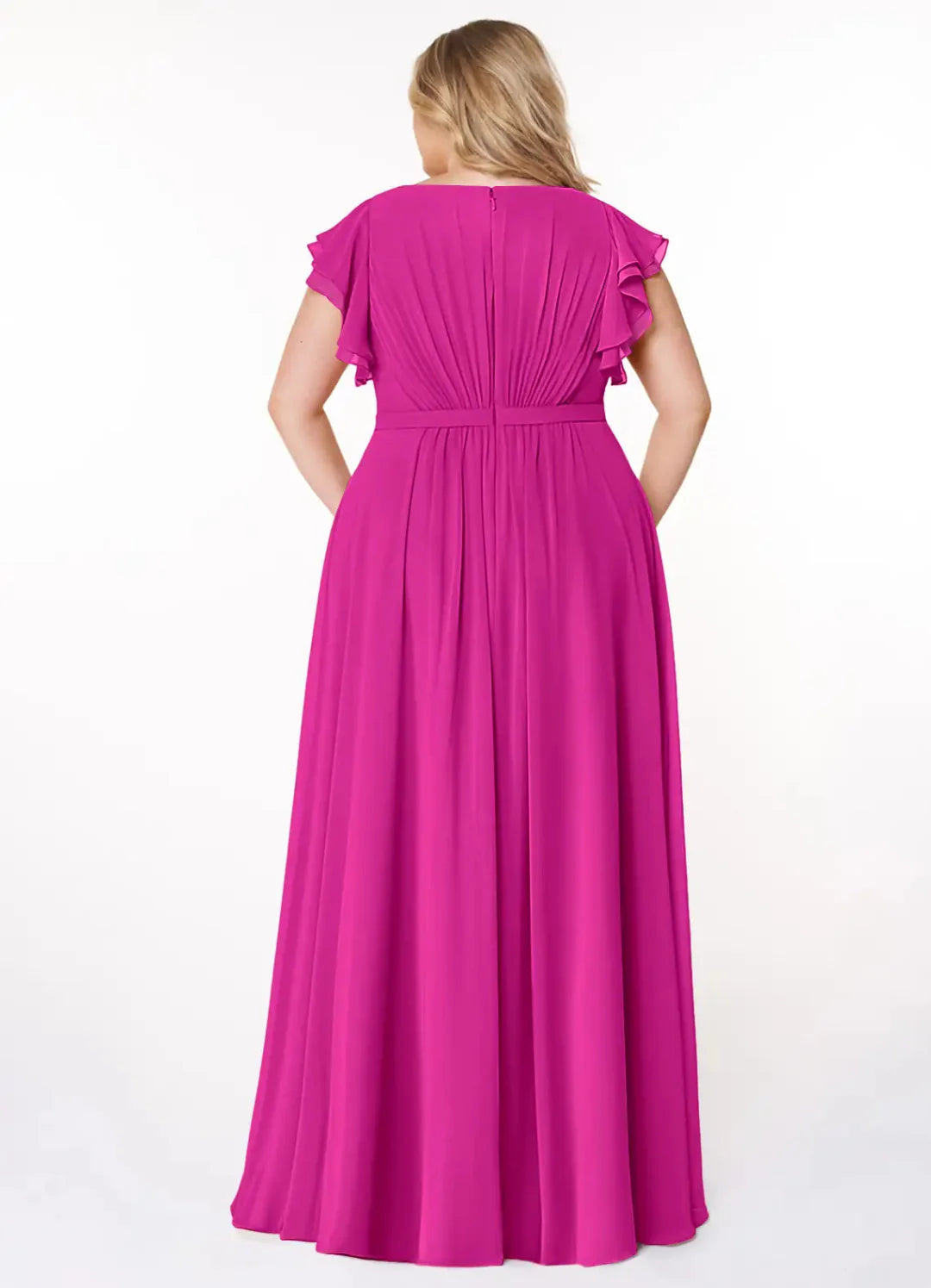 Elegant Chiffon A-Line Round Neck Flutter Sleeves Floor Length Bridesmaid Dress with Pockets
