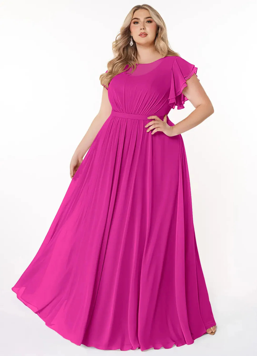 Elegant Chiffon A-Line Round Neck Flutter Sleeves Floor Length Bridesmaid Dress with Pockets