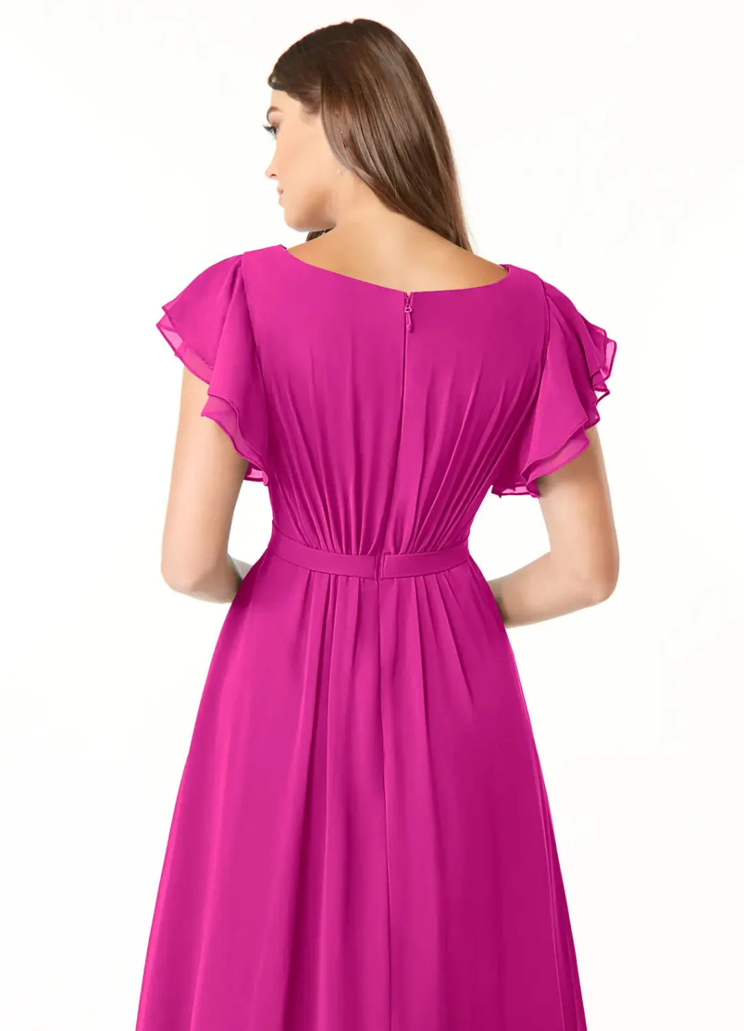 Elegant Chiffon A-Line Round Neck Flutter Sleeves Floor Length Bridesmaid Dress with Pockets