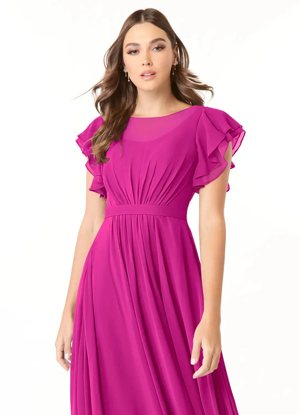 Elegant Chiffon A-Line Round Neck Flutter Sleeves Floor Length Bridesmaid Dress with Pockets