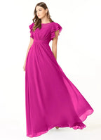Elegant Chiffon A-Line Round Neck Flutter Sleeves Floor Length Bridesmaid Dress with Pockets