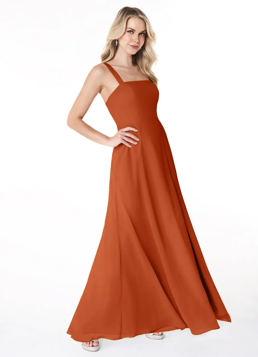Elegant Chiffon A-Line Square Neck Sleeveless Button Back Slit Floor-Length Bridesmaid Dress for Wedding Occasions