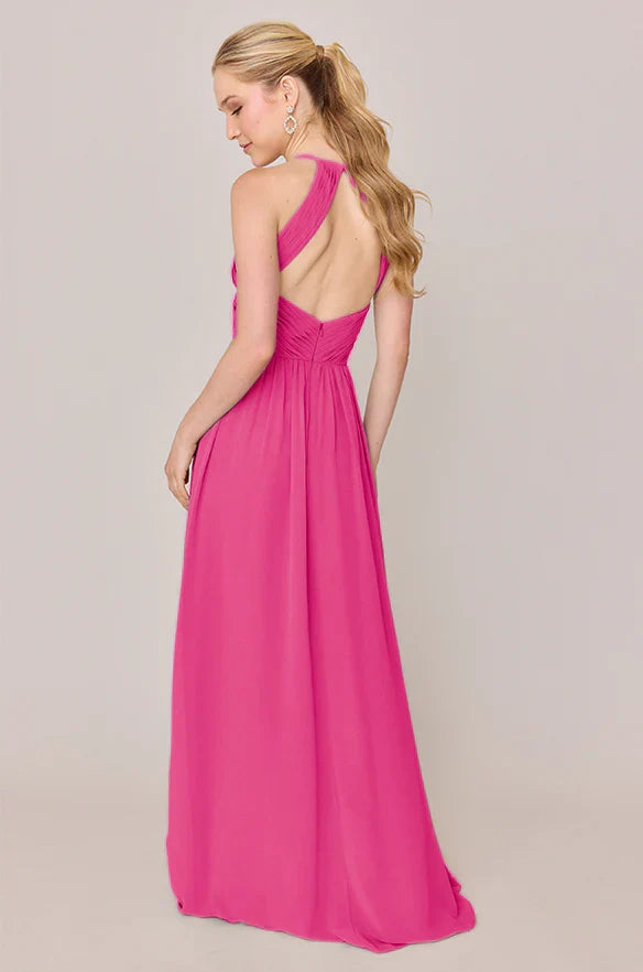 Elegant Chiffon Bridesmaid Dresses with Halter Neckline, Open Back Detail and Ruched Bodice Formal Gown