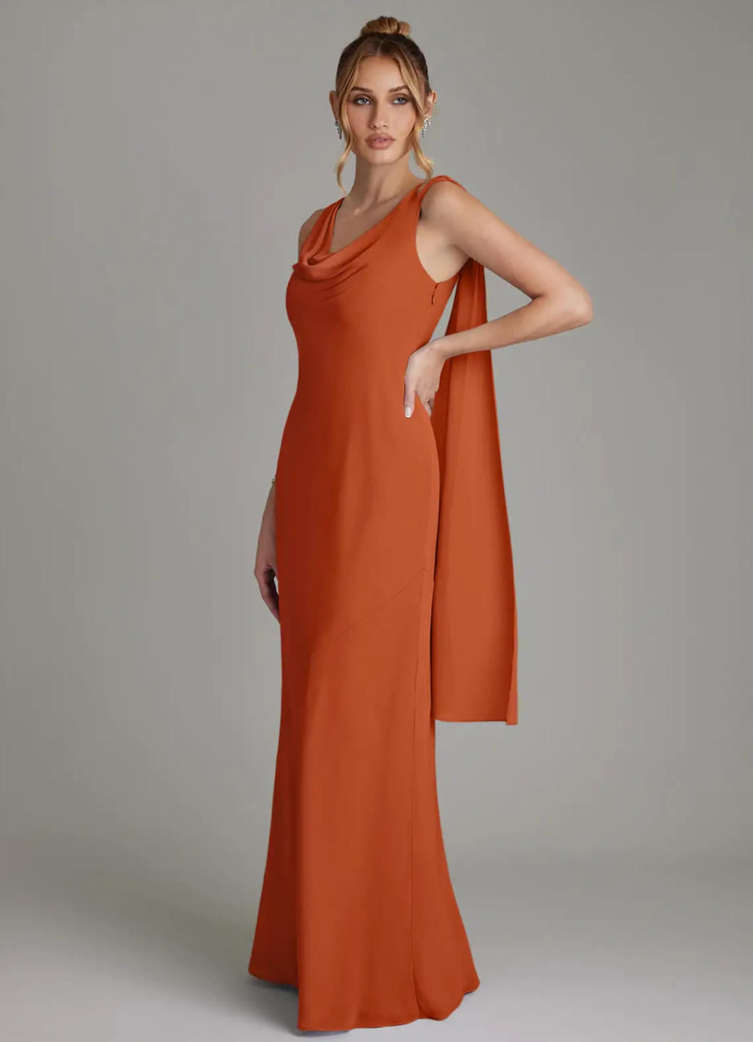 Elegant Chiffon Cowl Neck Open Back Sash Floor-Length Bridesmaid Dress
