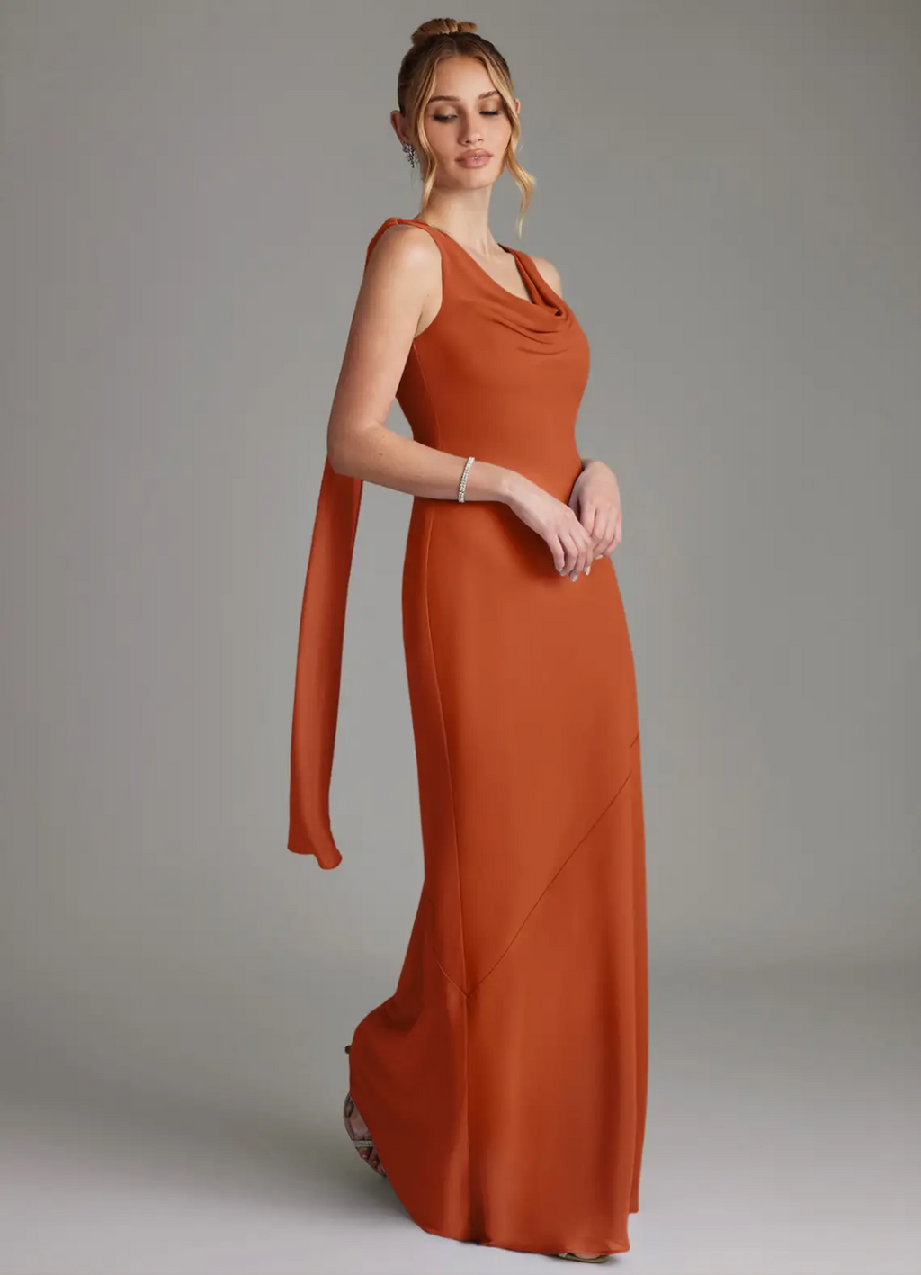 Elegant Chiffon Cowl Neck Open Back Sash Floor-Length Bridesmaid Dress