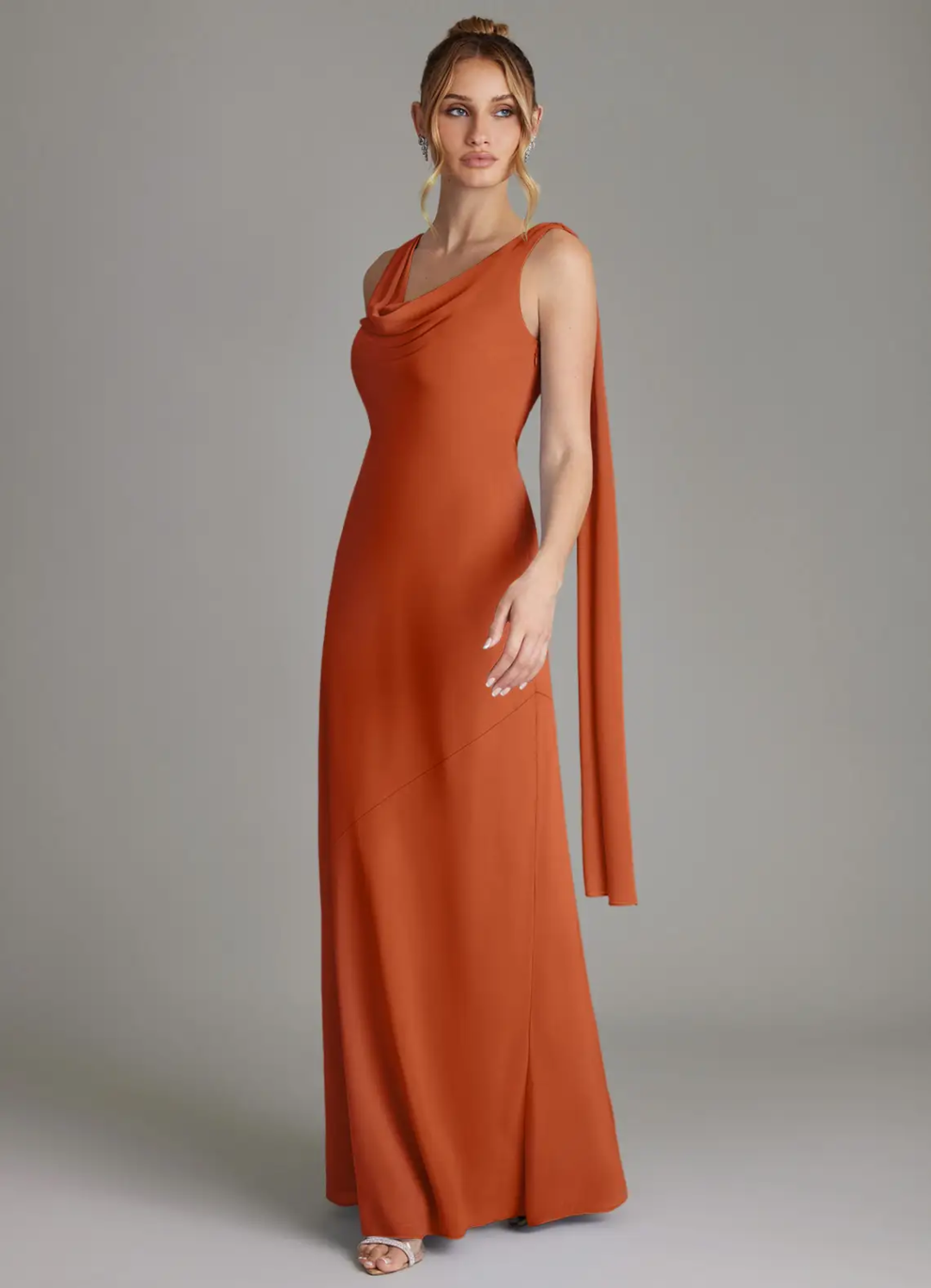 Elegant Chiffon Cowl Neck Open Back Sash Floor-Length Bridesmaid Dress