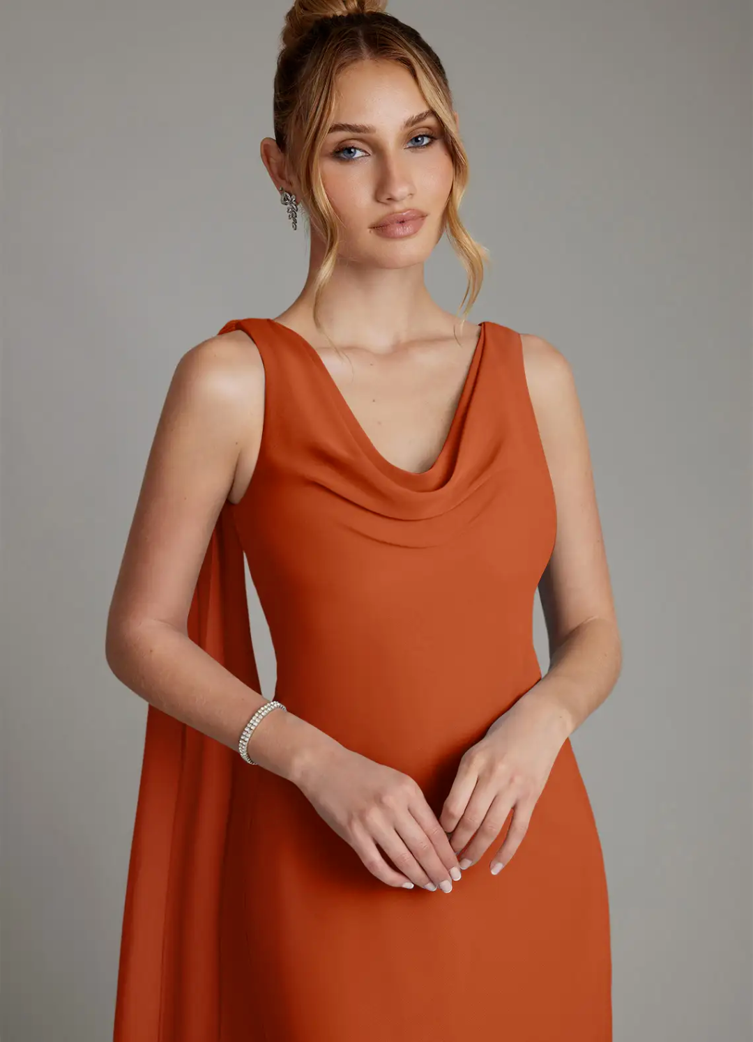 Elegant Chiffon Cowl Neck Open Back Sash Floor-Length Bridesmaid Dress