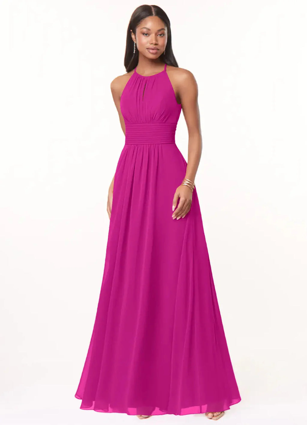 Elegant Chiffon Flowy Halter Sleeveless Keyhole Back Floor-Length Bridesmaid Dress with Ruched Waist for Wedding Events