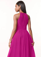 Elegant Chiffon Flowy Halter Sleeveless Keyhole Back Floor-Length Bridesmaid Dress with Ruched Waist for Wedding Events