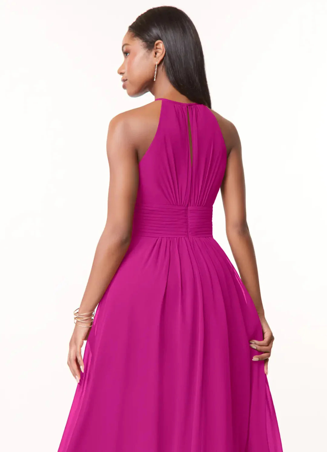 Elegant Chiffon Flowy Halter Sleeveless Keyhole Back Floor-Length Bridesmaid Dress with Ruched Waist for Wedding Events