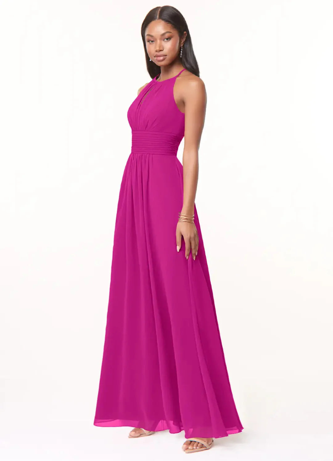 Elegant Chiffon Flowy Halter Sleeveless Keyhole Back Floor-Length Bridesmaid Dress with Ruched Waist for Wedding Events
