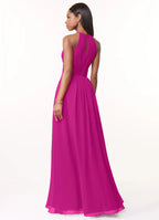 Elegant Chiffon Flowy Halter Sleeveless Keyhole Back Floor-Length Bridesmaid Dress with Ruched Waist for Wedding Events