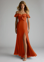 Elegant Chiffon Mermaid Off-the-Shoulder Ruffled Slit Floor-Length Bridesmaid Dress for Wedding Events
