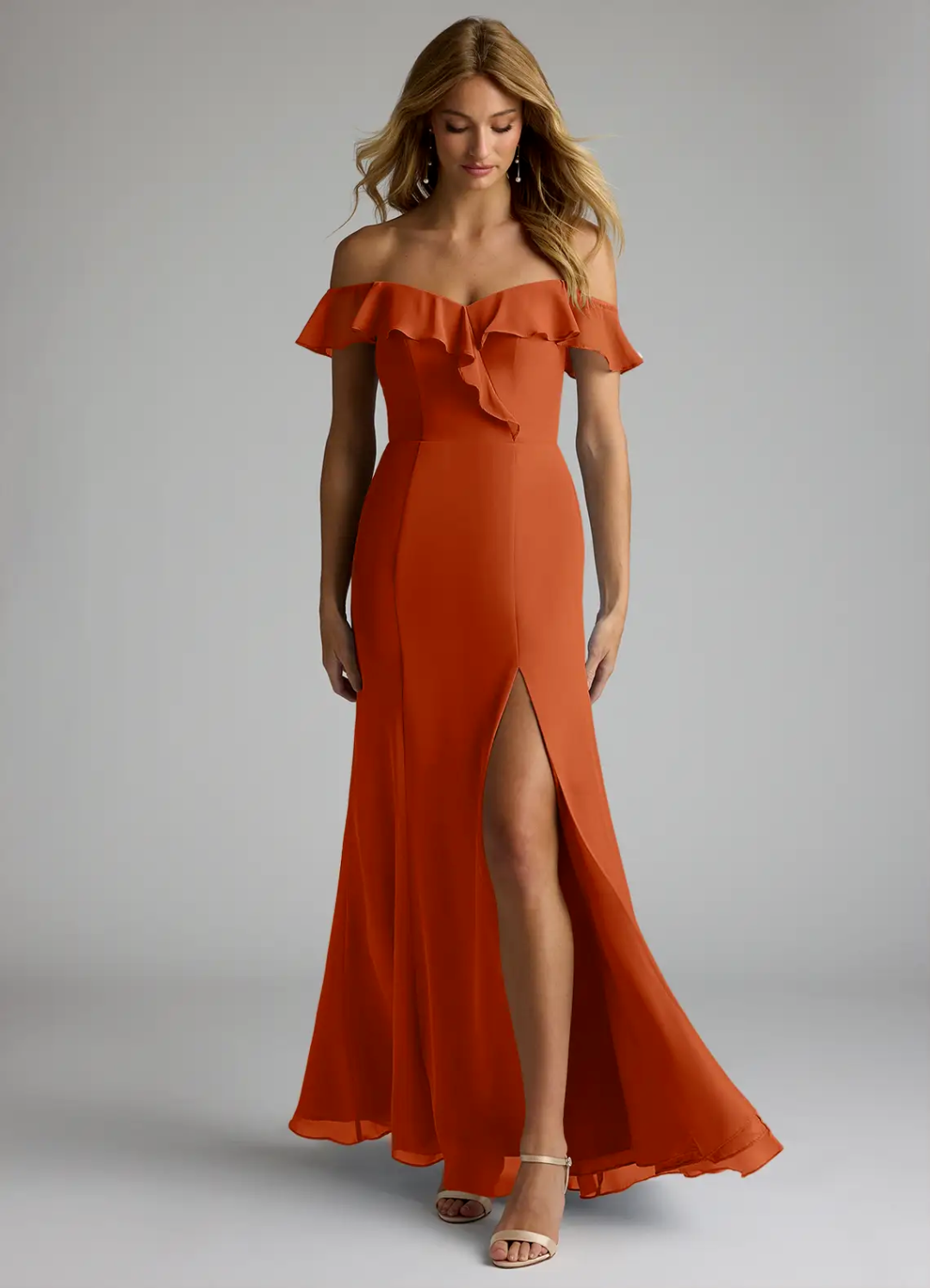 Elegant Chiffon Mermaid Off-the-Shoulder Ruffled Slit Floor-Length Bridesmaid Dress for Wedding Events