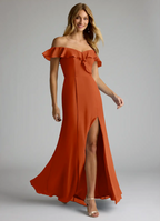 Elegant Chiffon Mermaid Off-the-Shoulder Ruffled Slit Floor-Length Bridesmaid Dress for Wedding Events