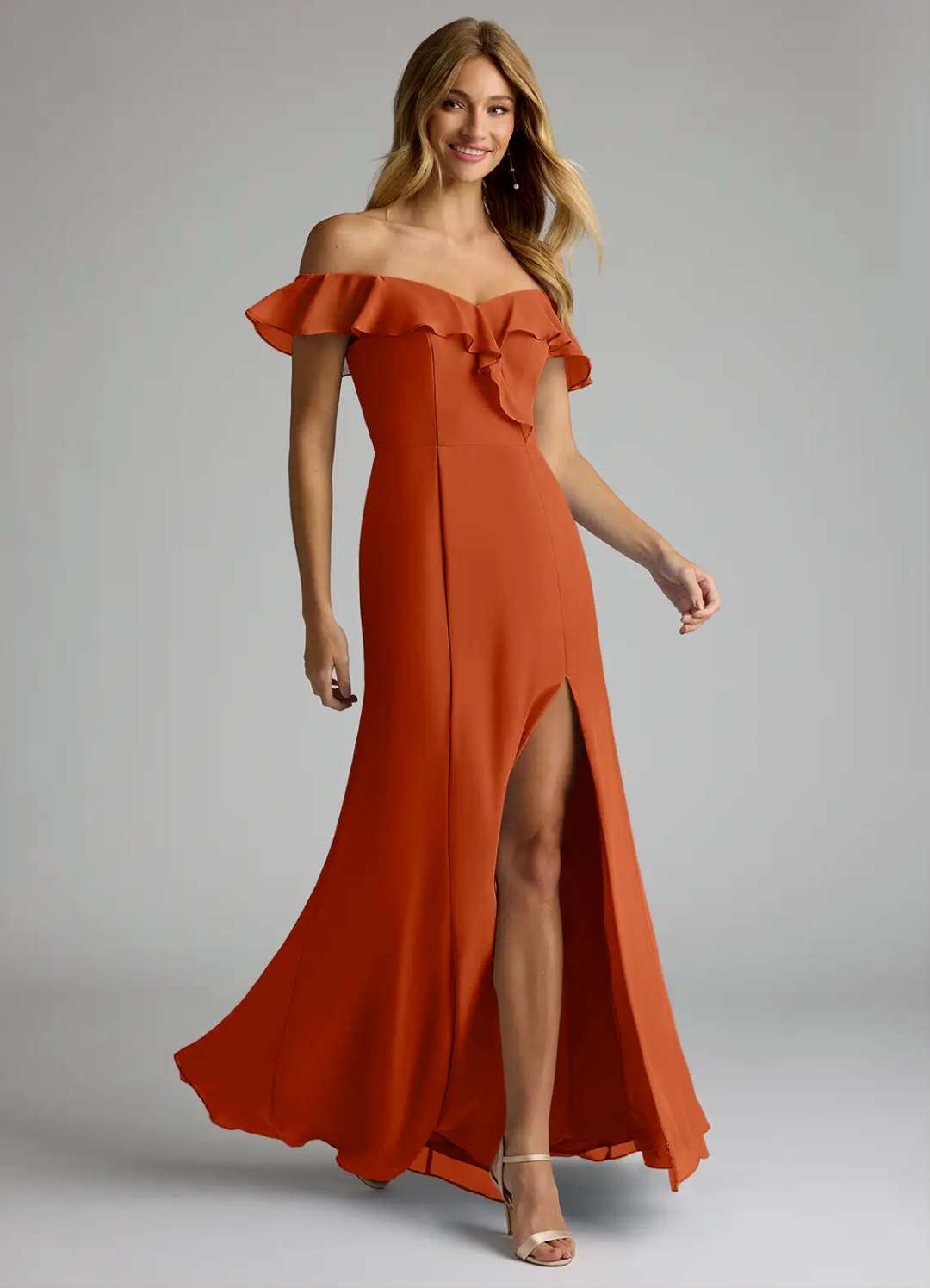 Elegant Chiffon Mermaid Off-the-Shoulder Ruffled Slit Floor-Length Bridesmaid Dress for Wedding Events