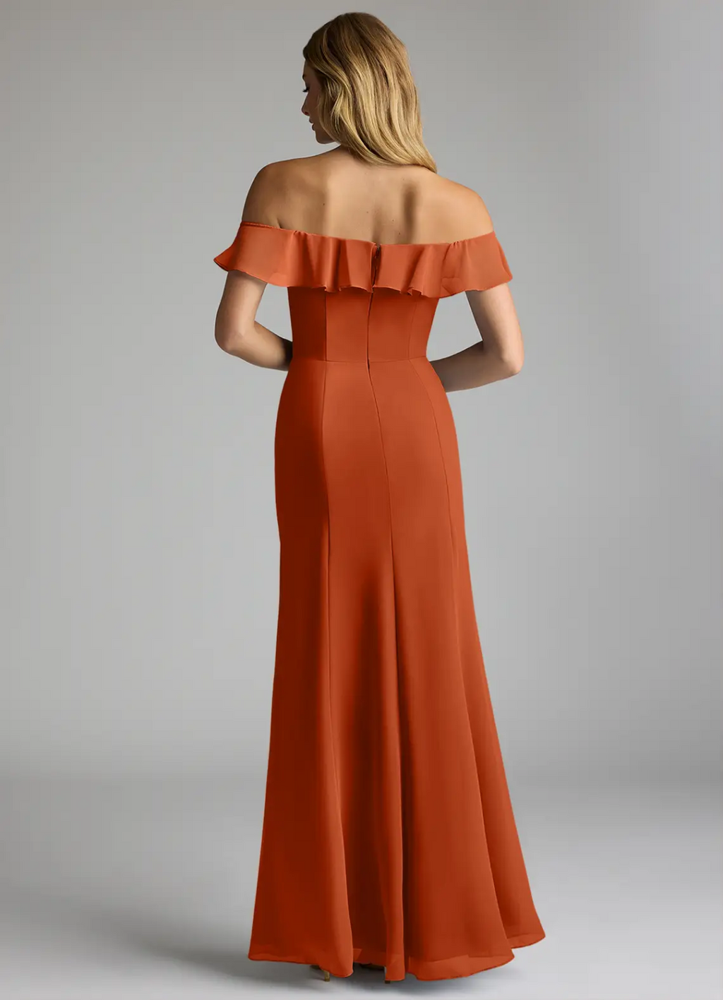 Elegant Chiffon Mermaid Off-the-Shoulder Ruffled Slit Floor-Length Bridesmaid Dress for Wedding Events