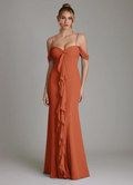 Elegant Chiffon Off-Shoulder Spaghetti Strap Ruffle High-Slit Floor-Length Bridesmaid Dress