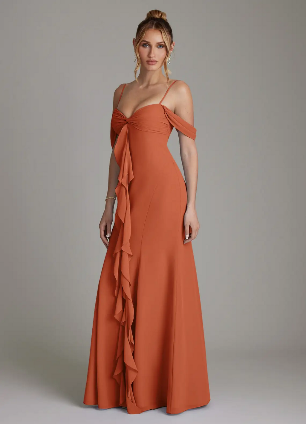 Elegant Chiffon Off-Shoulder Spaghetti Strap Ruffle High-Slit Floor-Length Bridesmaid Dress