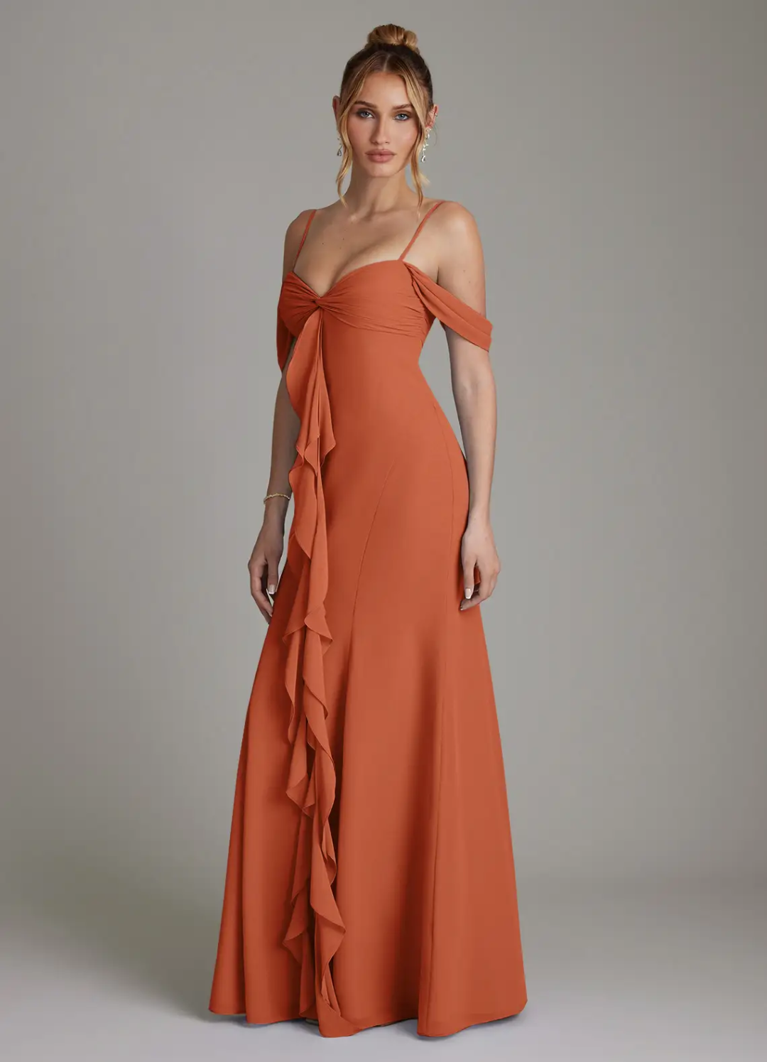 Elegant Chiffon Off-Shoulder Spaghetti Strap Ruffle High-Slit Floor-Length Bridesmaid Dress