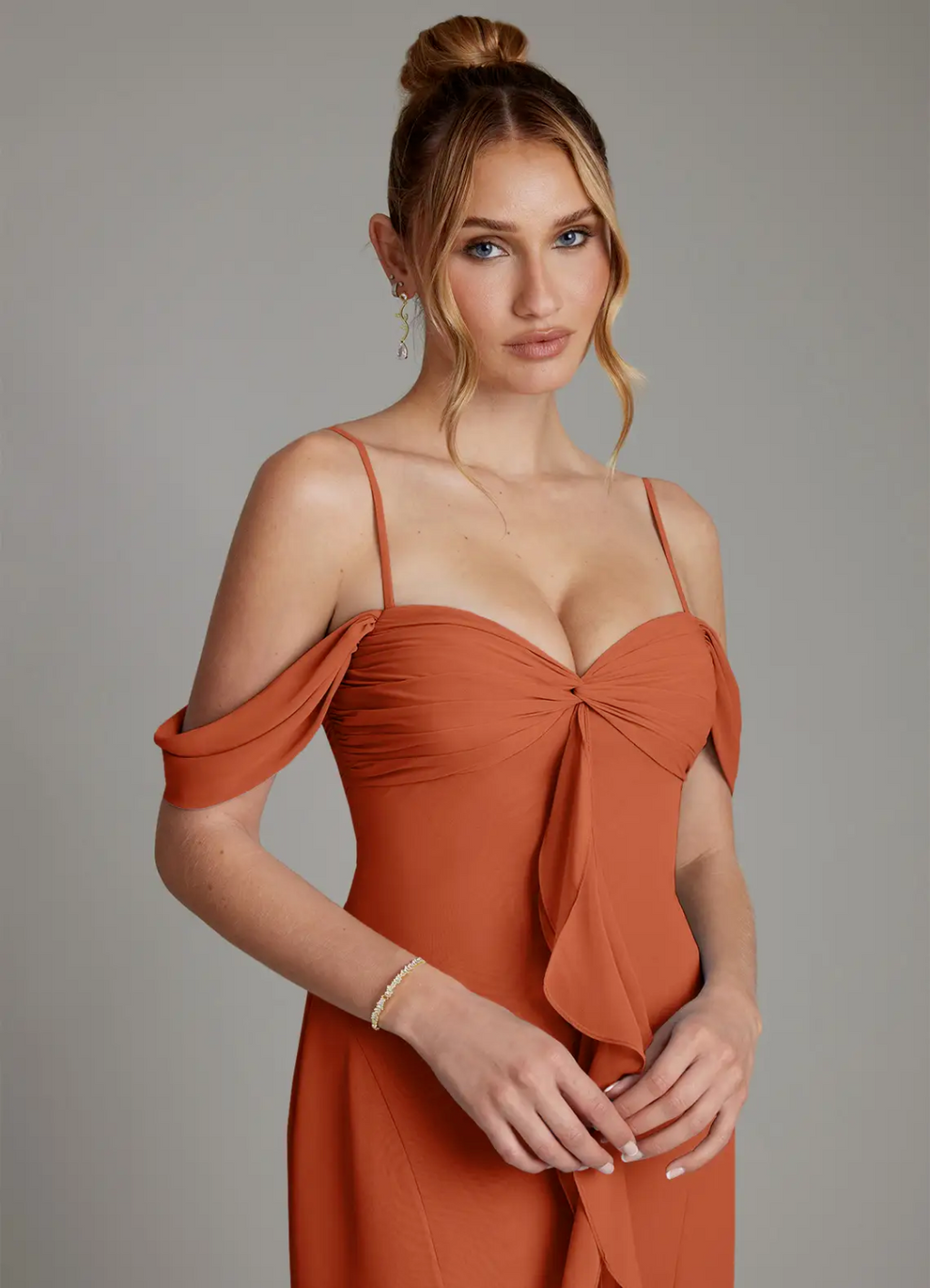Elegant Chiffon Off-Shoulder Spaghetti Strap Ruffle High-Slit Floor-Length Bridesmaid Dress