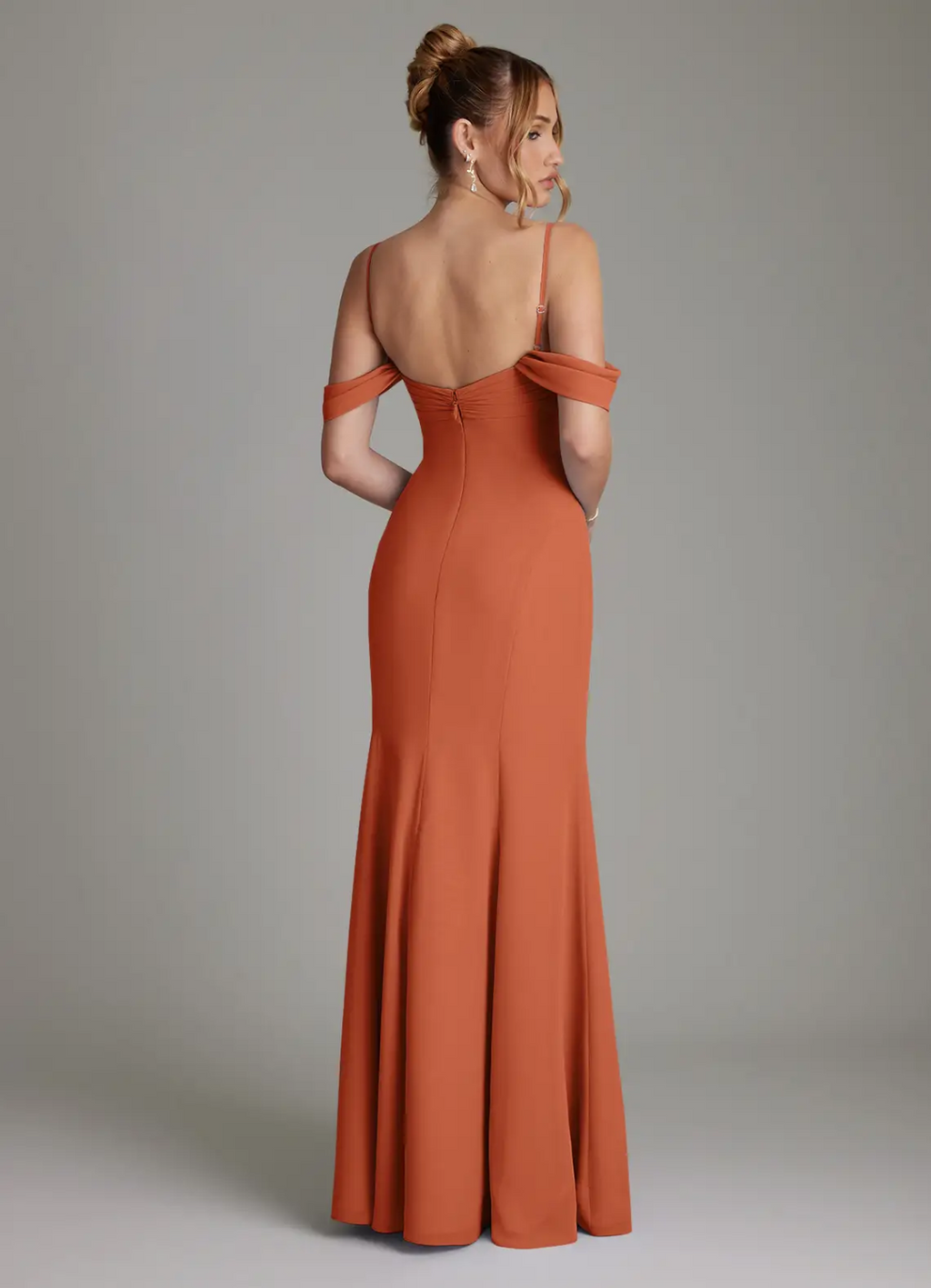 Elegant Chiffon Off-Shoulder Spaghetti Strap Ruffle High-Slit Floor-Length Bridesmaid Dress