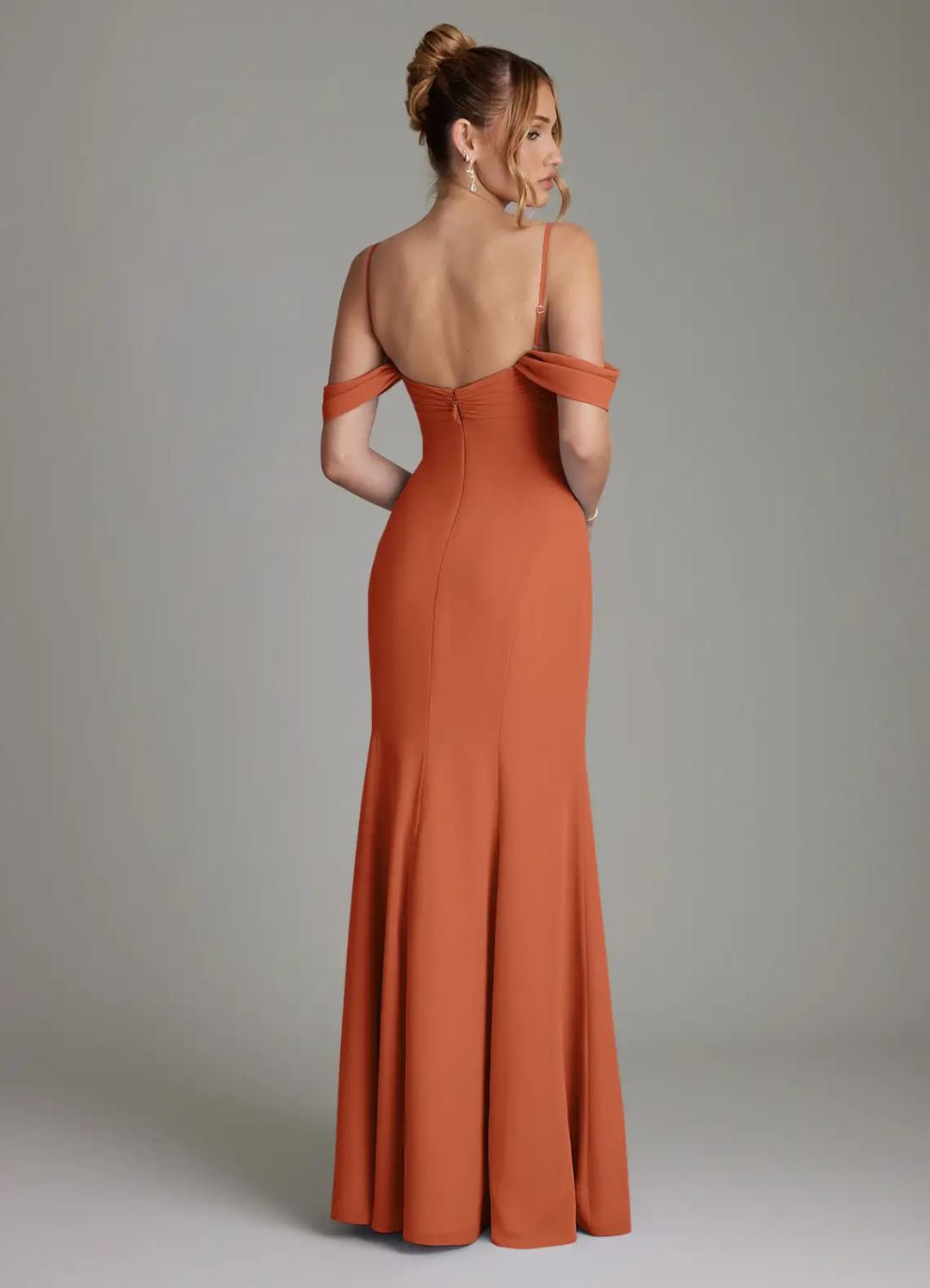 Elegant Chiffon Off-Shoulder Spaghetti Strap Ruffle High-Slit Floor-Length Bridesmaid Dress