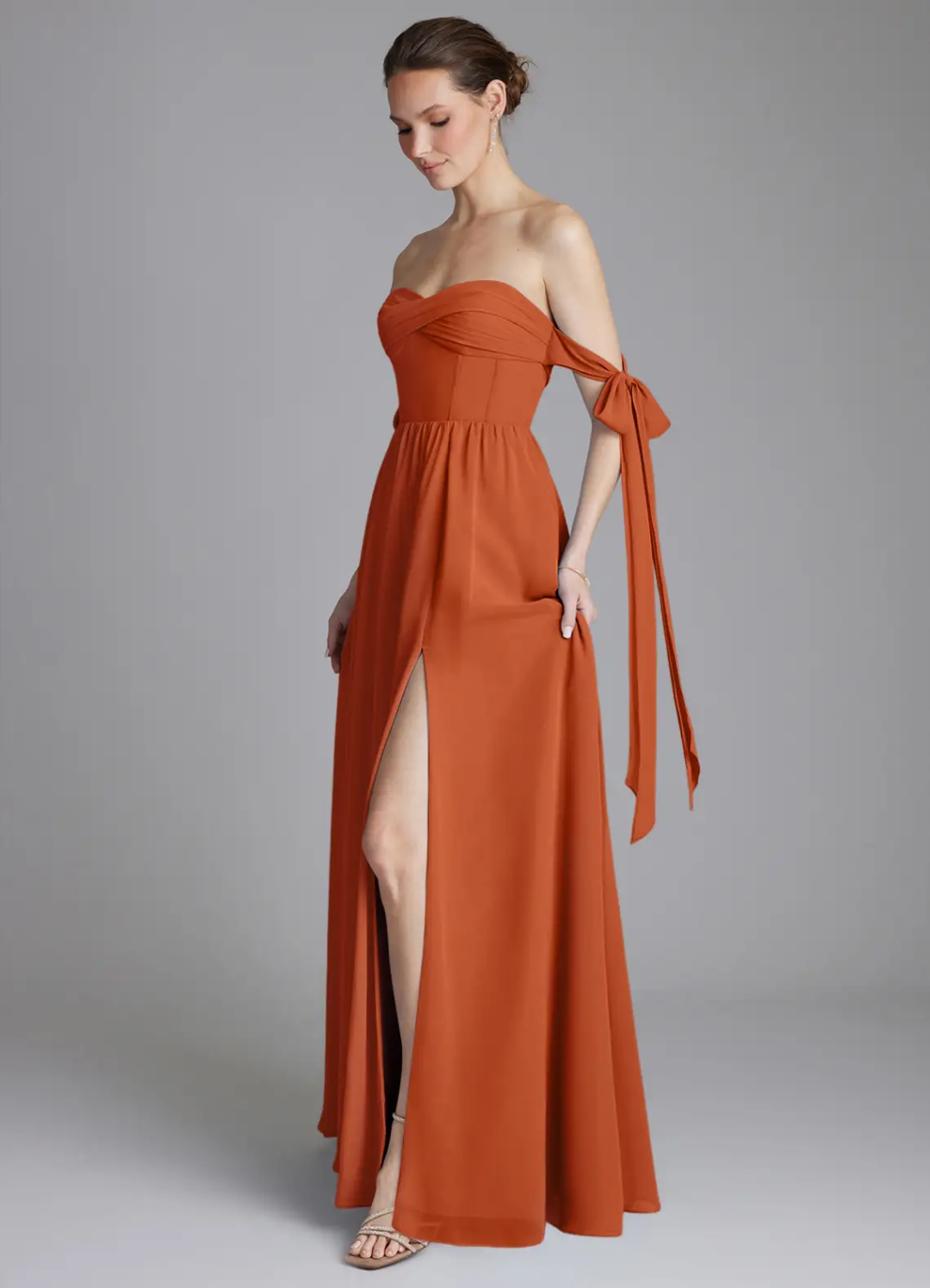 Elegant Chiffon Off-Shoulder Sweetheart Bow Tie High-Slit Floor-Length Bridesmaid Dress