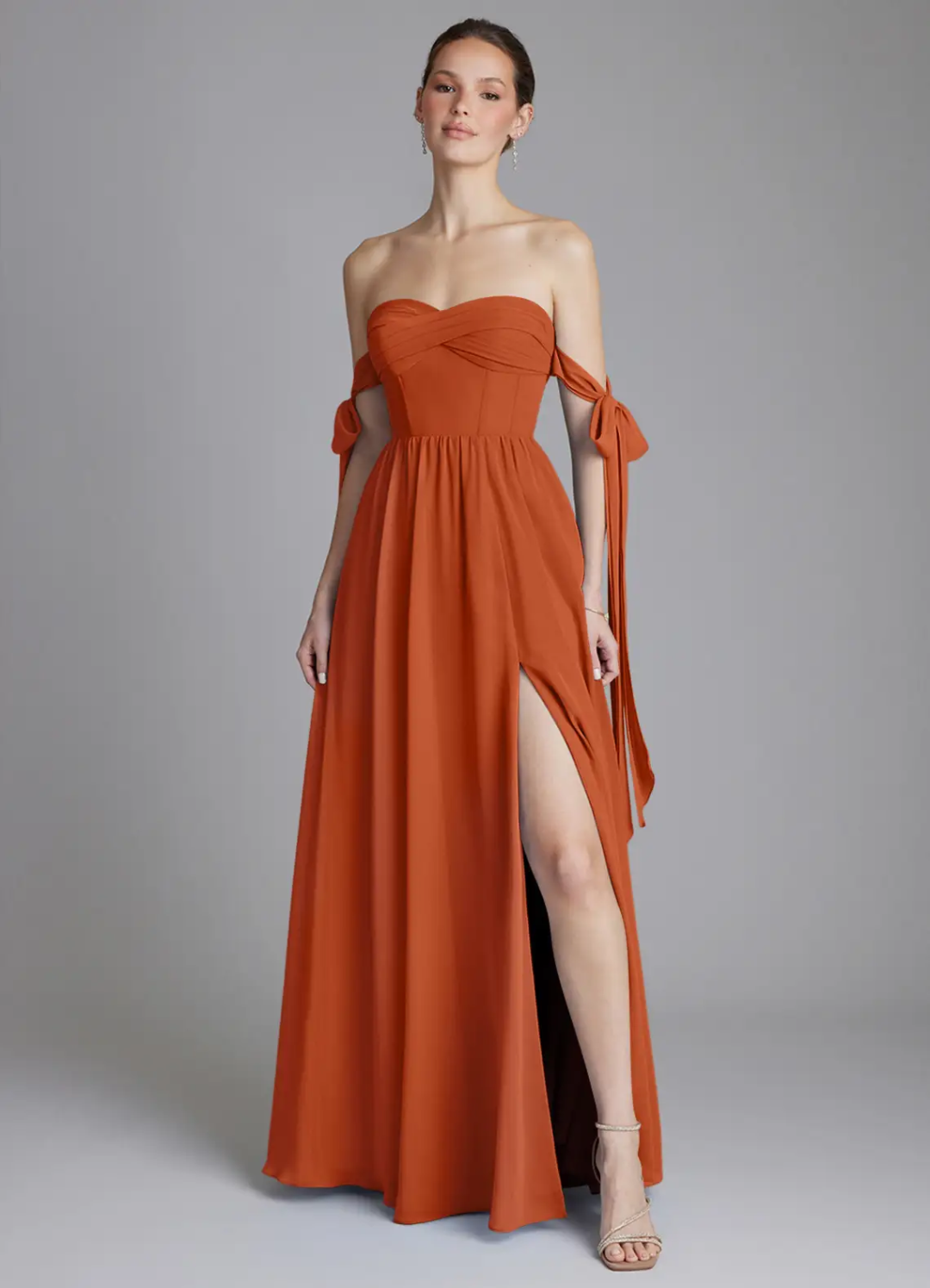Elegant Chiffon Off-Shoulder Sweetheart Bow Tie High-Slit Floor-Length Bridesmaid Dress
