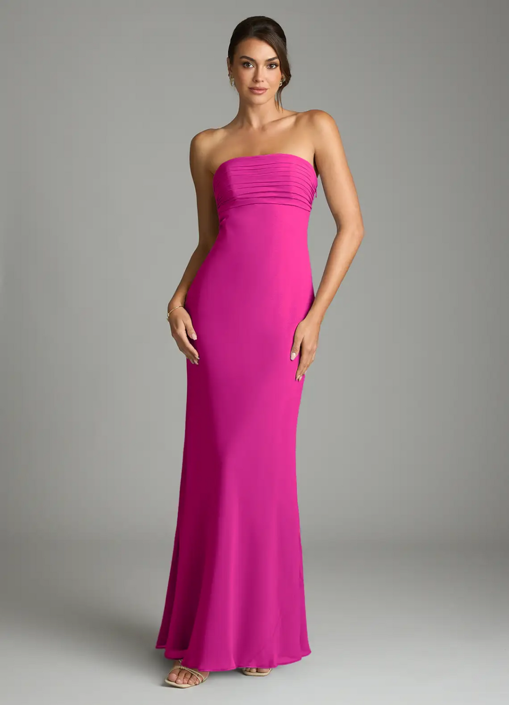 Elegant Chiffon Sheath Strapless Pleated Bodice Open Back Floor Length Bridesmaid Dress