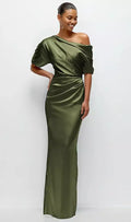 Column Asymmetrical Off-the-Shoulder Short Sleeve Backless Floor-Length Mother of the Bride Dress