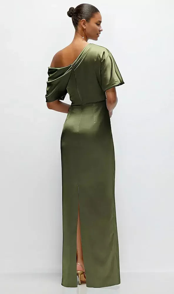 Column Asymmetrical Off-the-Shoulder Short Sleeve Backless Floor-Length Mother of the Bride Dress