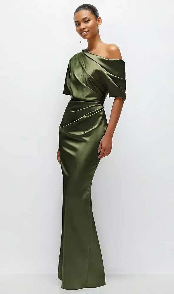 Column Asymmetrical Off-the-Shoulder Short Sleeve Backless Floor-Length Mother of the Bride Dress