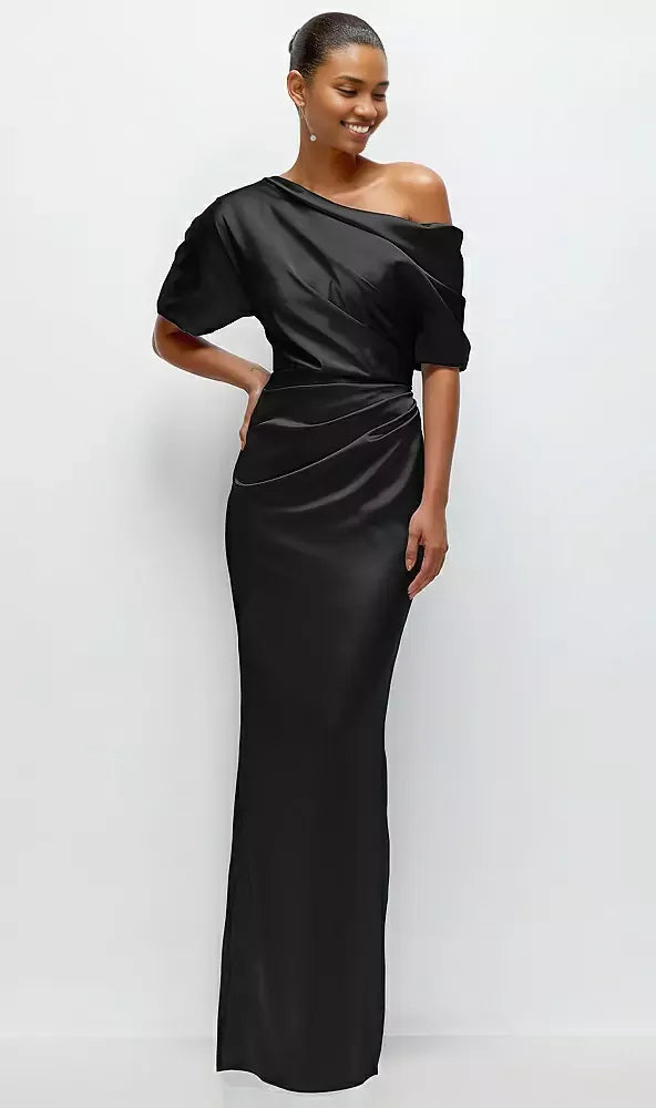 Column Asymmetrical Off-the-Shoulder Short Sleeve Backless Floor-Length Mother of the Bride Dress