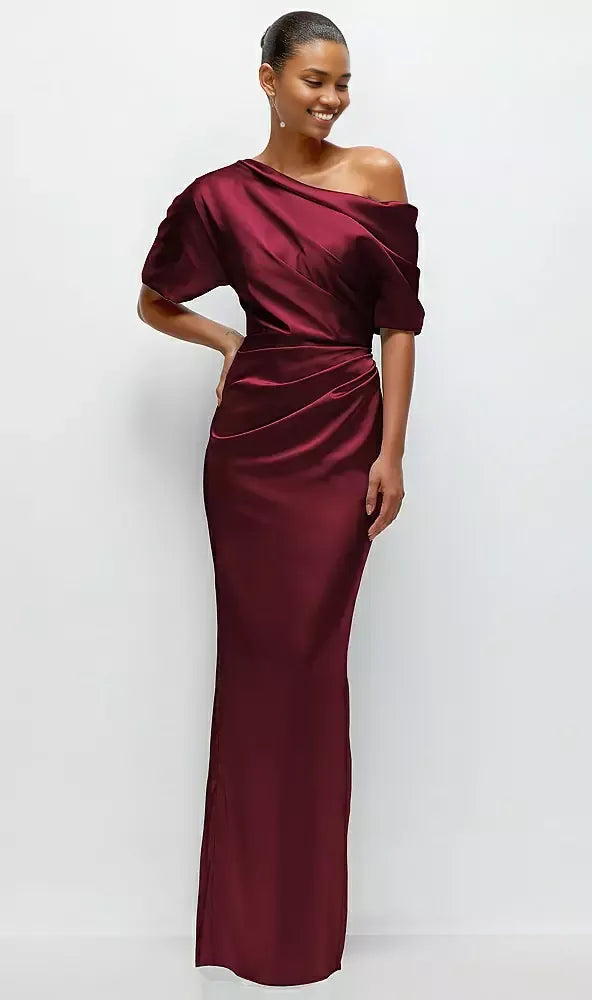 Column Asymmetrical Off-the-Shoulder Short Sleeve Backless Floor-Length Mother of the Bride Dress