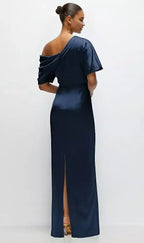 Column Asymmetrical Off-the-Shoulder Short Sleeve Backless Floor-Length Mother of the Bride Dress