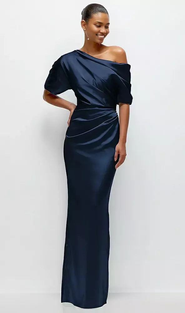 Column Asymmetrical Off-the-Shoulder Short Sleeve Backless Floor-Length Mother of the Bride Dress